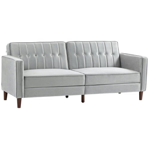 Wyld Haus Sasari Velvet Light Grey Convertible Futon Sofa Bed With Tufted Seat And Split Back