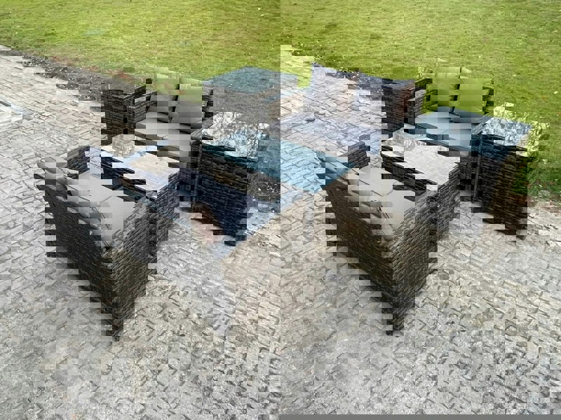 Fimous High Back Rattan Garden Furniture Sofa Sets with Rectangular Coffee Table 2 Side Tables Dark Grey Mixed