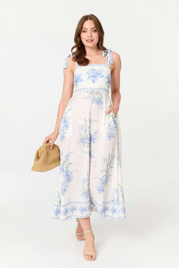 White | Floral A-Line Sleeveless Midi Dress
