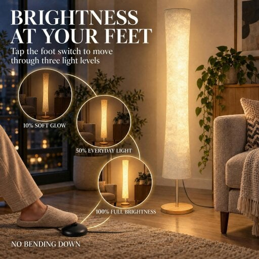 HOMCOM 152 cm Modern Dimmable Standing Lamp with Pine Wood Base, White