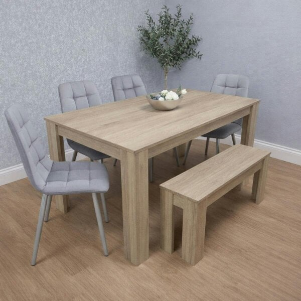 Kosy Koala Oak Effect Dining Table Set With 4 Grey Velvet Chairs And Bench Dining Room Furniture