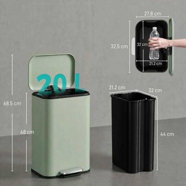 20 L Kitchen Pedal Bin, Metal Rubbish Bin with Removable Inner Bucket, Soft-Close & Stay-Open Lid, Light Green
