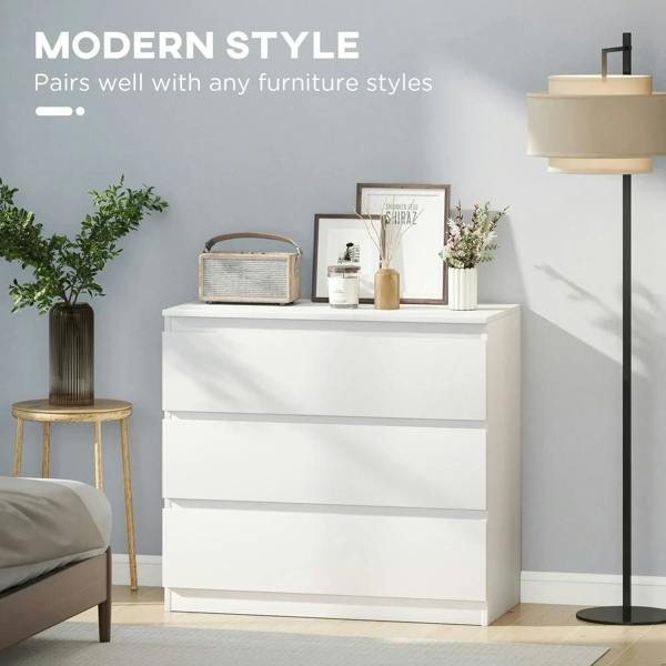 White three-drawer chest with minimalist horizontal drawer fronts and flat top.