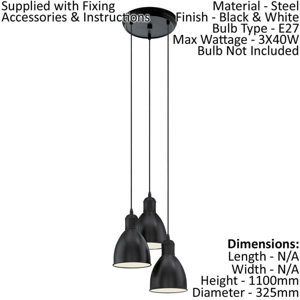 Hanging Ceiling Pendant Light Black & White Steel 3 x 40W E27 Bulb Loops
