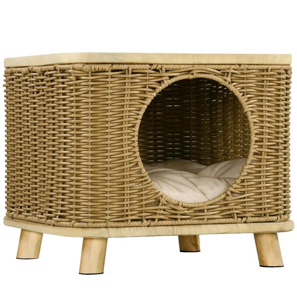 Light brown wicker cat house with oval entrance and removable washable cushion
