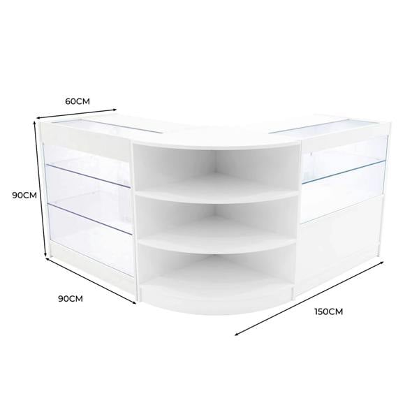 Curved white LED shop counter set featuring glass display shelves, sleek design, and dimensions of 150cm x 90cm x 60cm