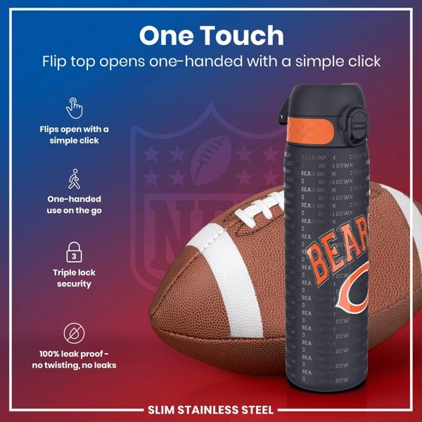 A water bottle, featuring a flip top, rests beside an American football. The bottle opens one-handed; its design includes a triple lock and is leakproof. The background features a graphic of an NFL team logo.