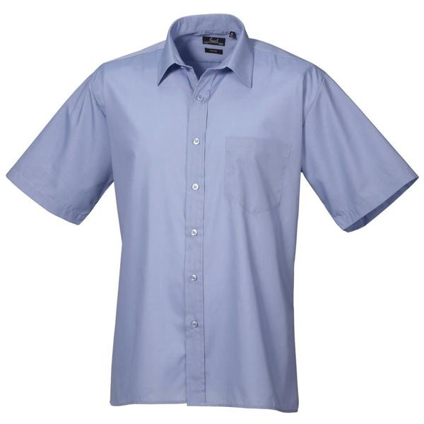 Premier Mens Short Sleeve Formal Poplin Plain Work Shirt - Mid Blue