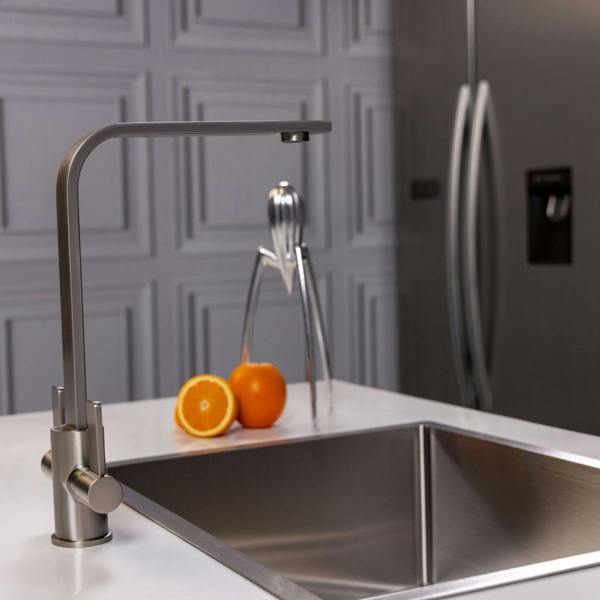 Flode Paddla | Dual Lever Kitchen Tap | Swan Neck Design | Brushed Steel