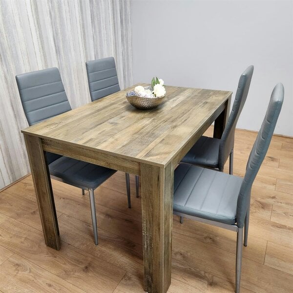Kosy Koala Dining Table and 4 Chairs Rustic Effect Wood Table 4 Grey Leather Chairs Dining Room