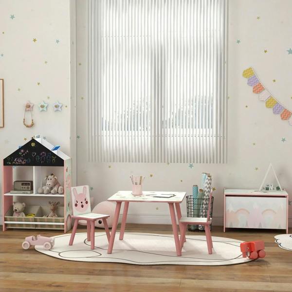 Pink kids table with two small chairs, animal panels, and patterned tabletop