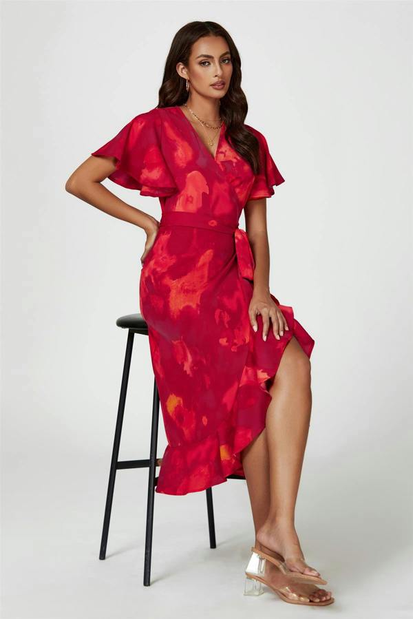 FS Collection Abstract Print Angel Sleeve Wrap Midi Dress In Red