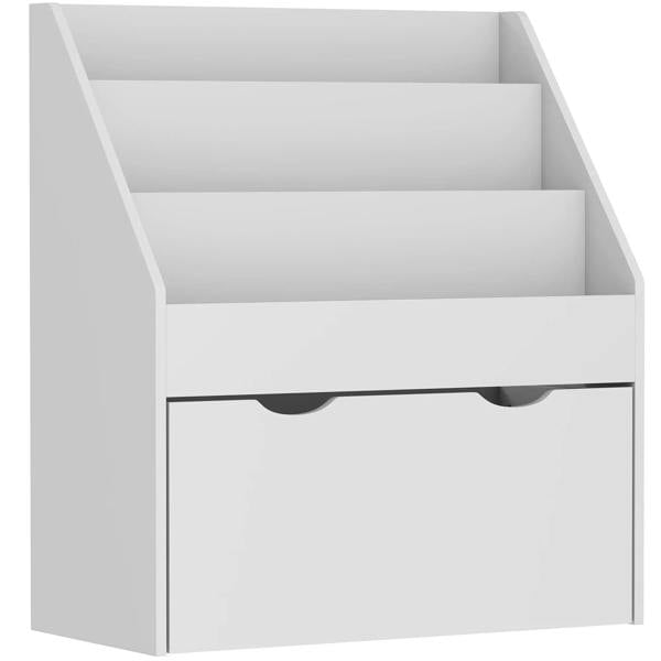 Grey kids bookcase with open shelves and front drawer storage bin