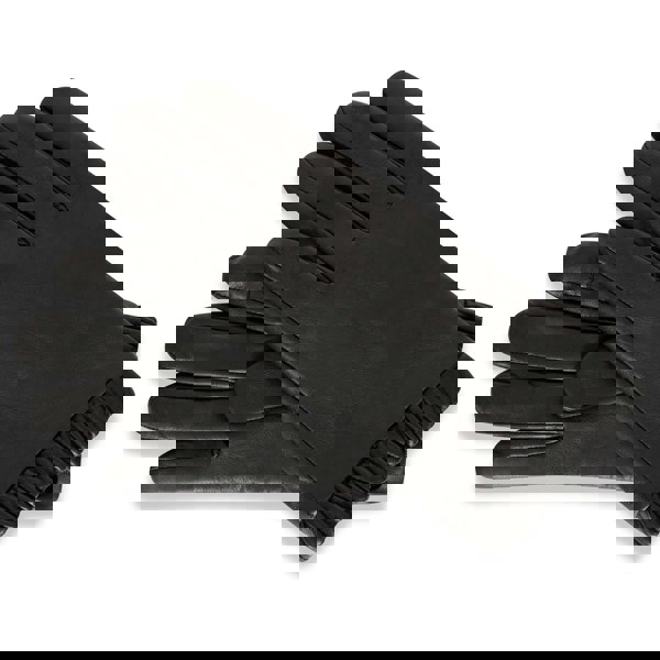 This image displays the black leather gloves with ruched cuff detailing. You'll noticed that the cuffs fall into a natural pleated look.