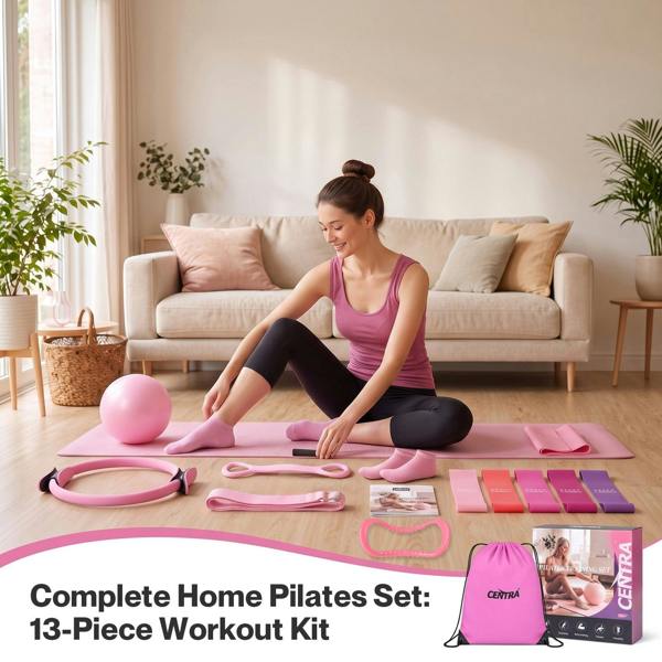 Centra Pilates Kit 13Pc All In One Set with Ring Ball Bands Home Workout Pink