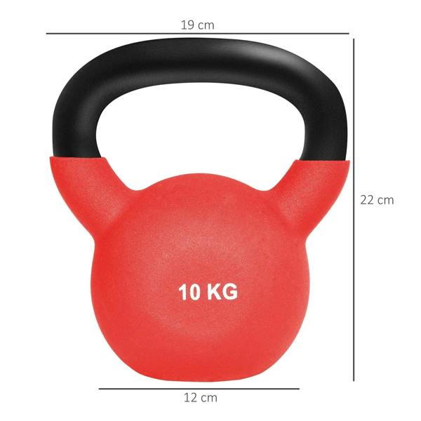Front view of red 10 kg soft kettlebell with black handle