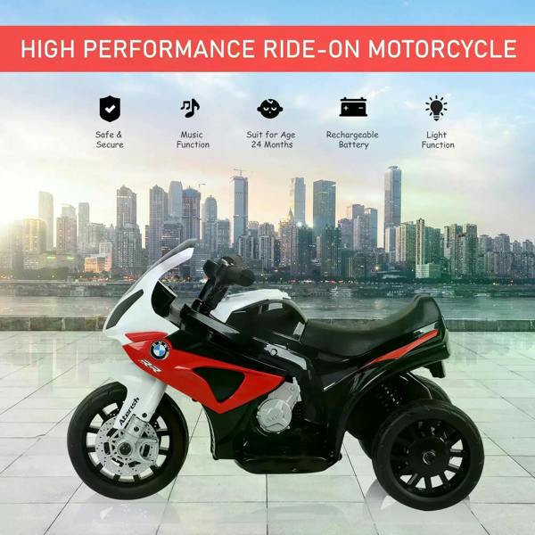 Kids ride-on motorbike in red and white with black seat, wheels, and front headlight