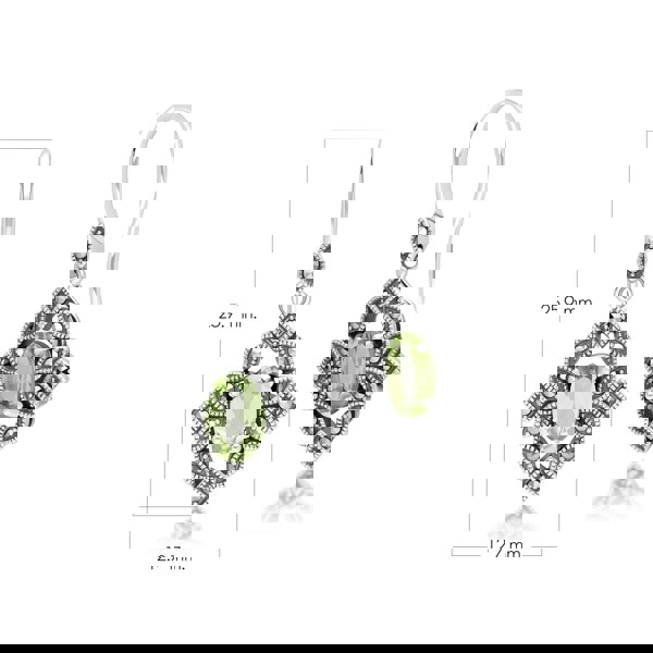 Gemondo Art Deco Style Oval Peridot & Marcasite Drop Earrings in Sterling Silver