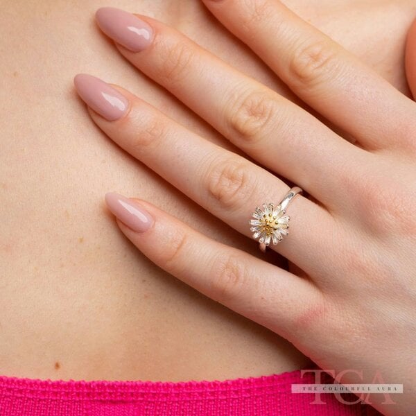 The Colourful Aura Silver Sunflower Daisy Tiny Slim Adjustable Floral Stackable Ring