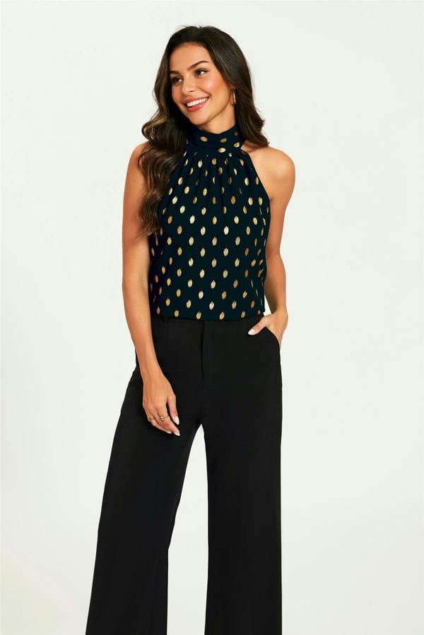 FS Collection Gold Foil Halter Neck Tie Back Top In Black