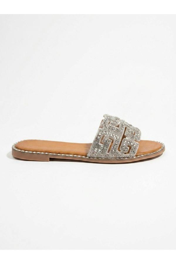 Pearl Geometric Rhinestone Embellished Sliders - Silver