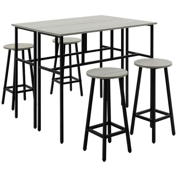 Counter-height bar table set with grey rectangular tables and four round stools