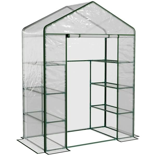 Walk-in greenhouse with transparent PVC cover, green steel frame, and multi-tier shelving