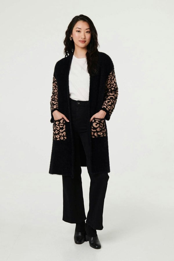 Black | Animal Print Open Longline Cardigan
