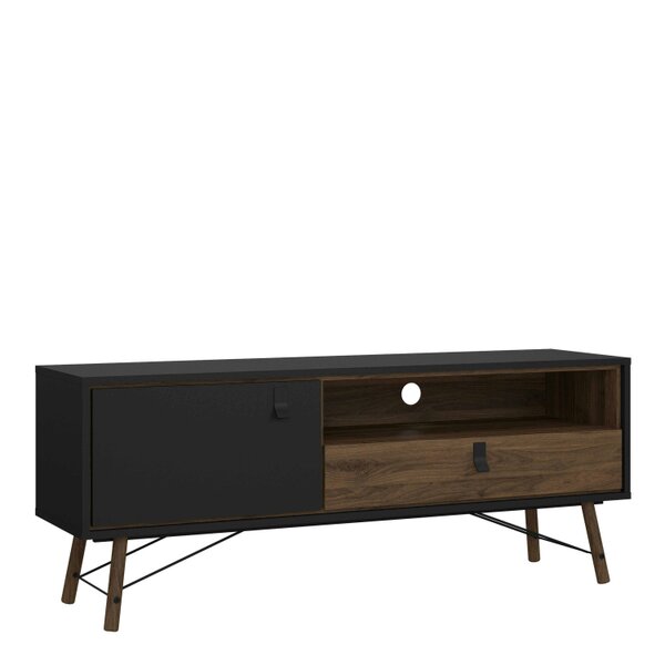 Wyld Haus Juno Black and Walnut Wood TV Unit 1 Door 1 Drawer and Open Shelf