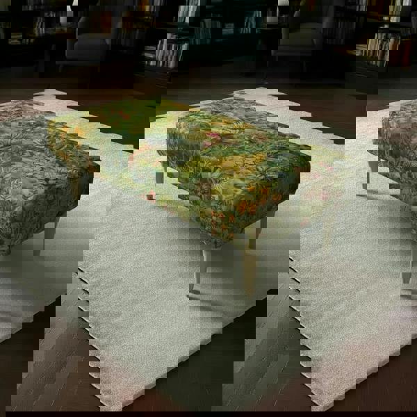 Elegant abstract patterned upholstered dining bench seat with sleek wooden legs