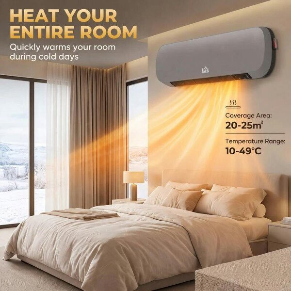 2000W Ceramic Heater, Wall Mounted Space Heater with 3 Heat Settings, Adjustable Thermostat, Remote Control, Grey