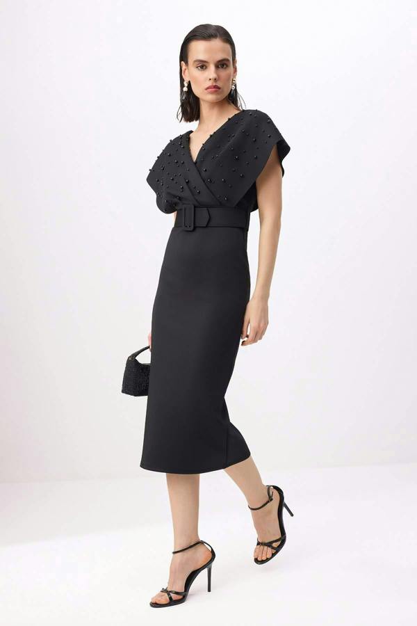 WOVCOR Pearl Accessory Detail V-Neck Angel Sleeve Bodycon Belted Midi Dress