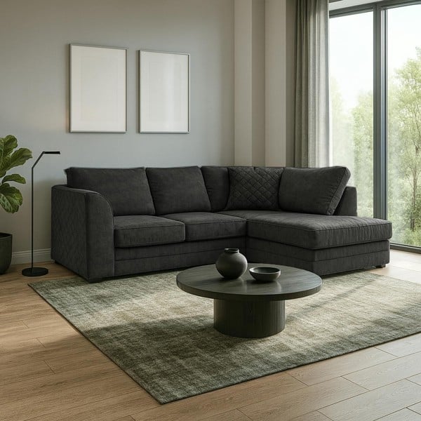 Furnishings For Less Quilted Chenille Full Back Corner Sofa - Black - Right Hand Facing