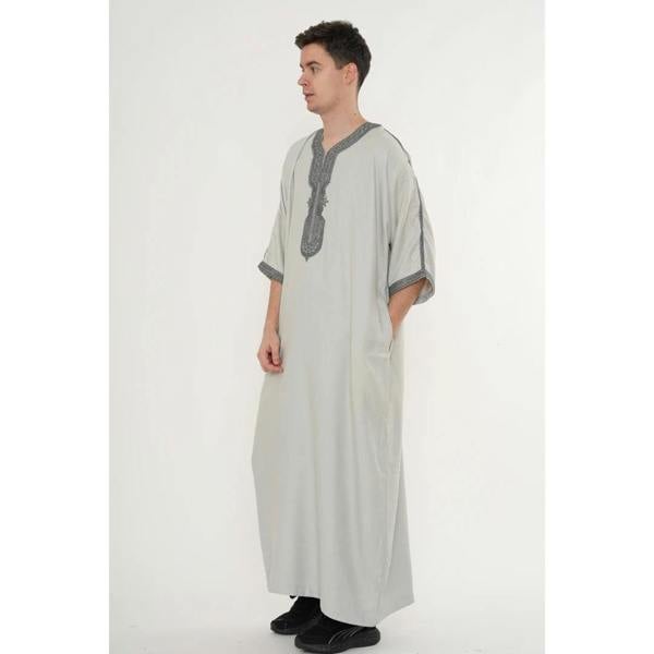 Men's Half Sleeve Embroidery Moroccan Thobe - Grey Charcoal - Thobez - 12
