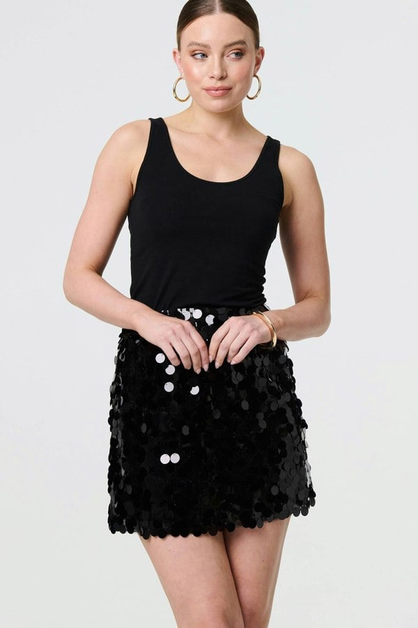 Black | Sequin Embellished A-Line Mini Skirt
