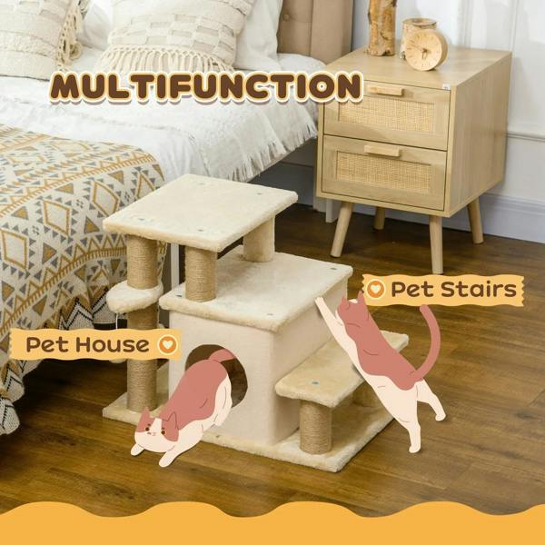 Beige multi-step cat tree with pet house, plush platforms, and side hanging toy ball