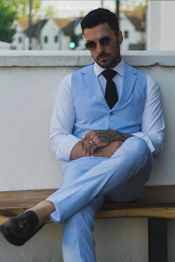 Infinity Leather Men's Summer 2 Piece Suit Linen Formal Blue Waistcoat Trousers