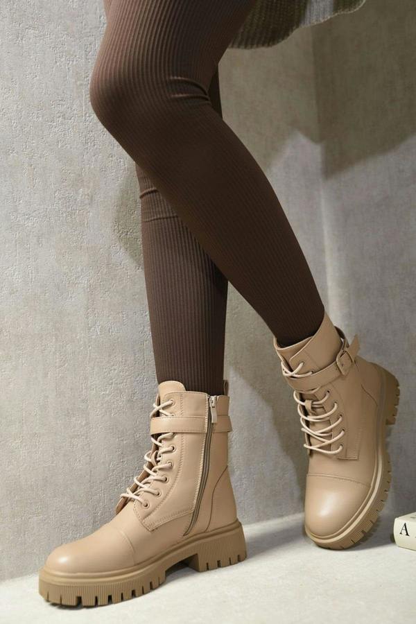 Ariella Lace Up Buckle Chunky Combat Boots - Nude