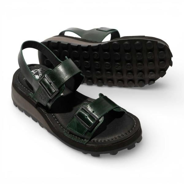 Fly London Women's HEIF558FLY Petrol Green Leather Wedge Buckle Sandals