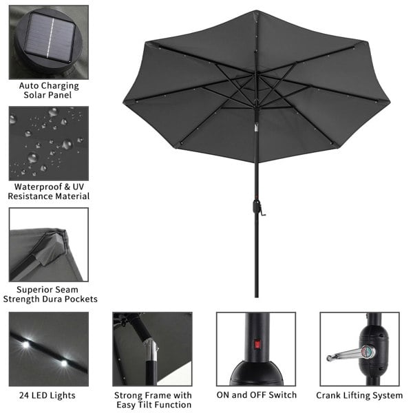 Black 3m Iron Garden Parasol Sun Umbrella With Solar LED Lights Parasols & Rain Umbrellas Living and Home