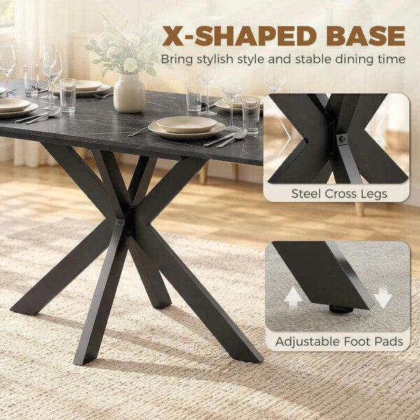 Extendable Dining Table Steel Cross Legs Steel Rails Space Saving Black