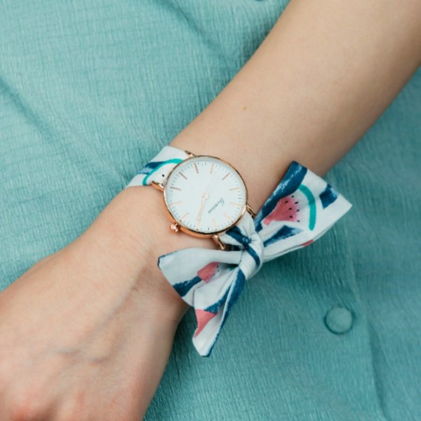 The Colourful Aura Blue Watermelon Print Cotton Tie Knot Strap Geneva Boho Wristwatch - Pink/Blue