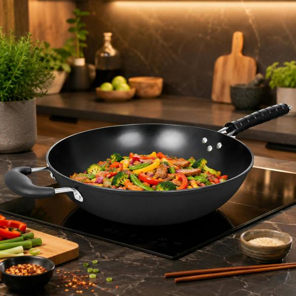 Gr8 Home 34cm Black Non Stick Carbon Steel Stir Fry Wok Pan