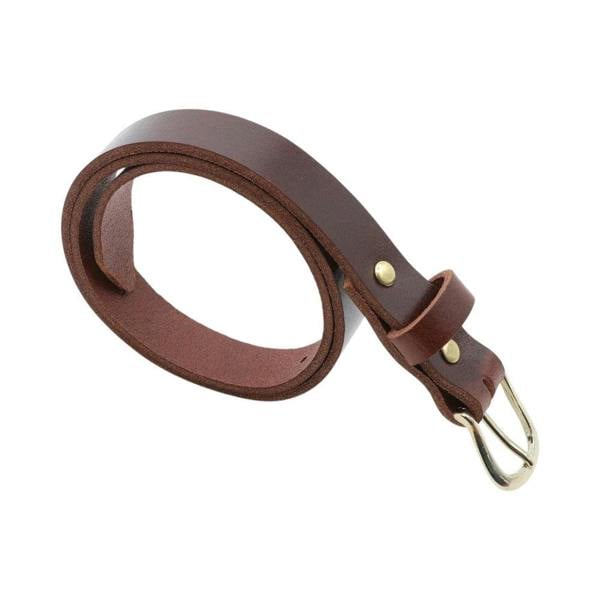 Brown leather belt with brass buckle on a white background