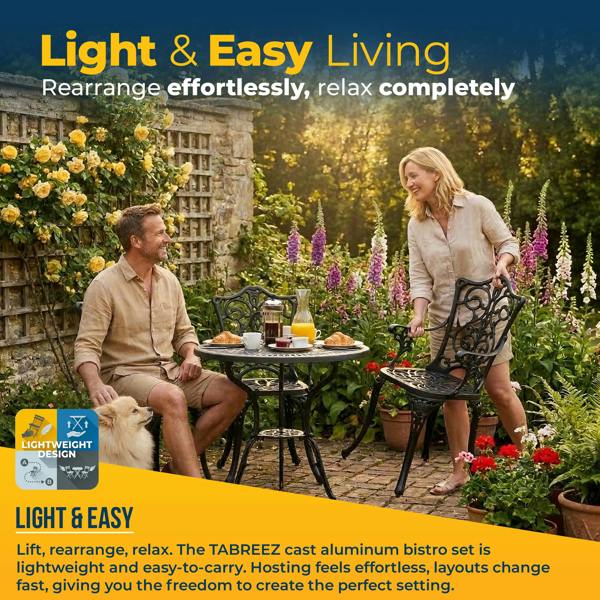 Homeology TABREEZ Garden and Patio Table and 2 Large Chairs with Armrests Cast Aluminium Bistro Set - Black