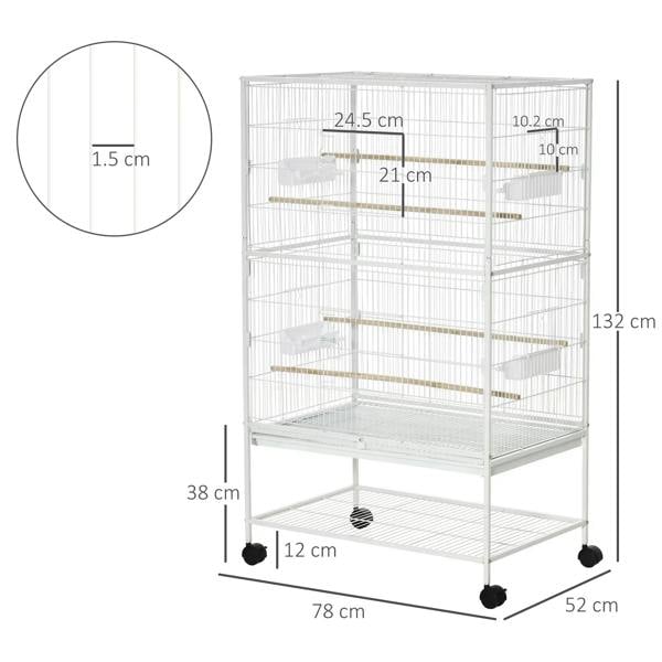 White bird cage dimensions diagram with rolling base and tray