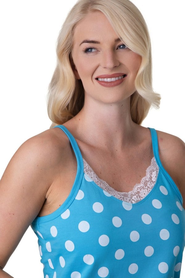 Camille Aqua Lightweight 100% Cotton Spot Printed Sleeveless Top Pyjama Set With Lace Detailing