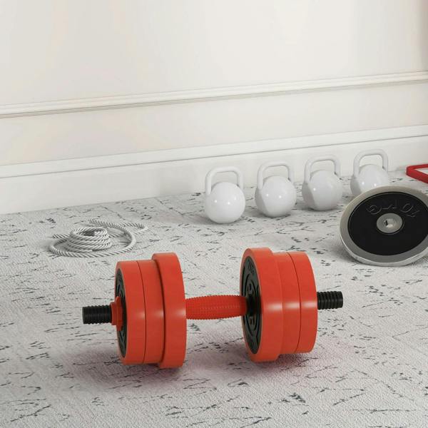 Red adjustable dumbbell pair with stacked plates and central textured grip