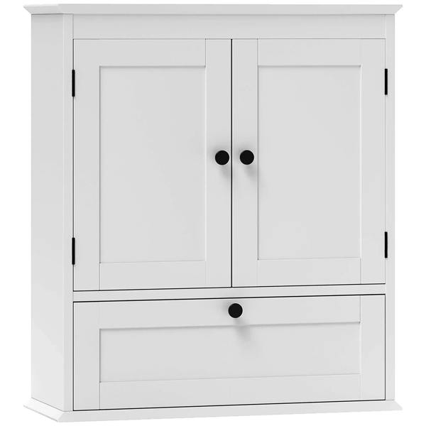 White bathroom wall cabinet with two paneled recessed doors and black knobs