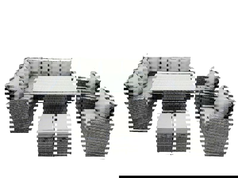 Fimous Rattan Outdoor Patio Height Adjustable Rising Lifting Table Corner Sofa Set with 2 Small Stool,2 Chairs for Garden Backyard Dark Grey Mixed